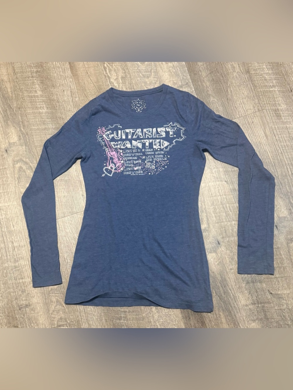 Victoria’s Secret Pink Guitarist Wanted Navy Graphic Long Sleeve Tee B1